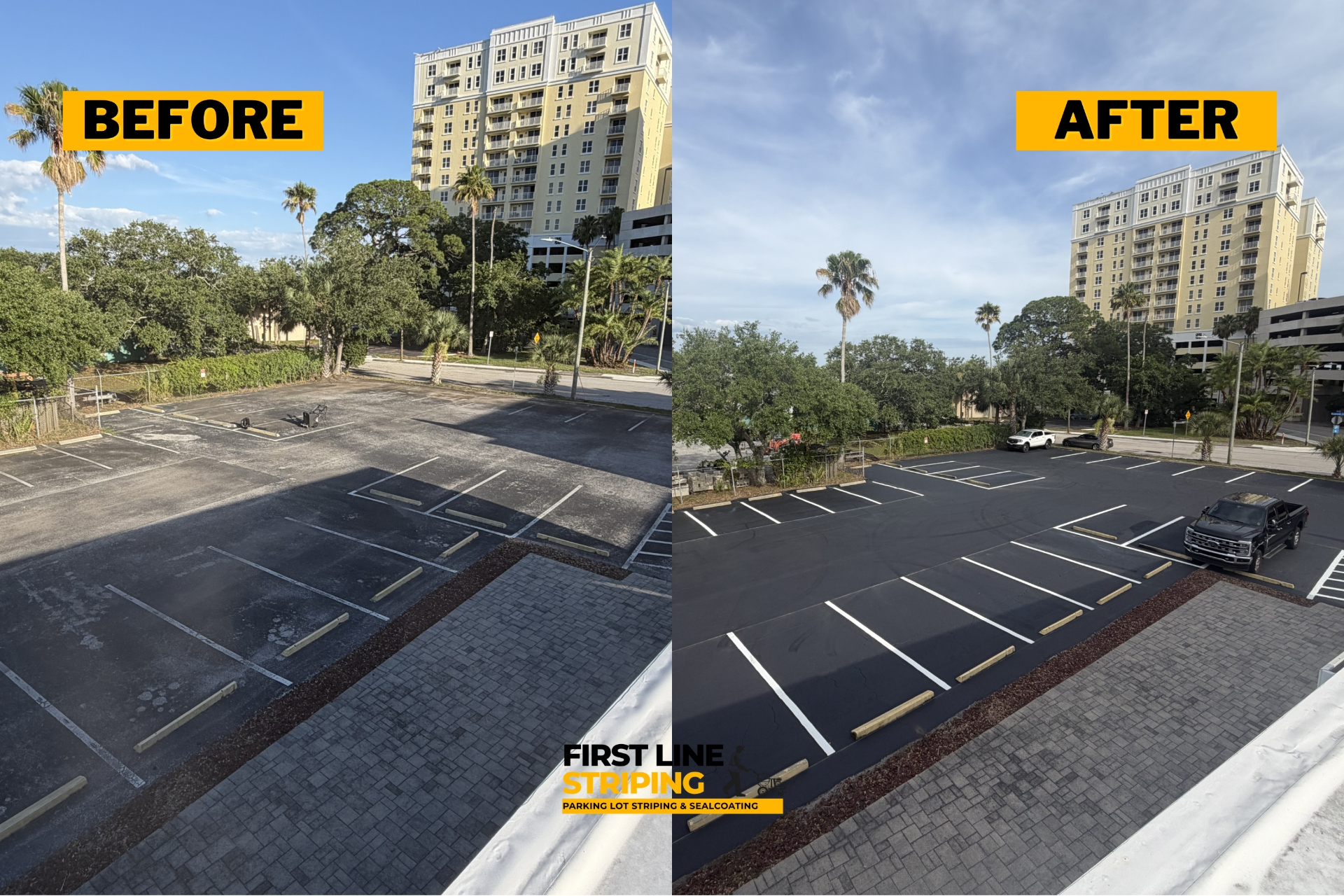 Before-and-after image showing parking lot restriping, sealcoating, crack filling, and pothole repair at a commercial property in Clearwater, FL.
