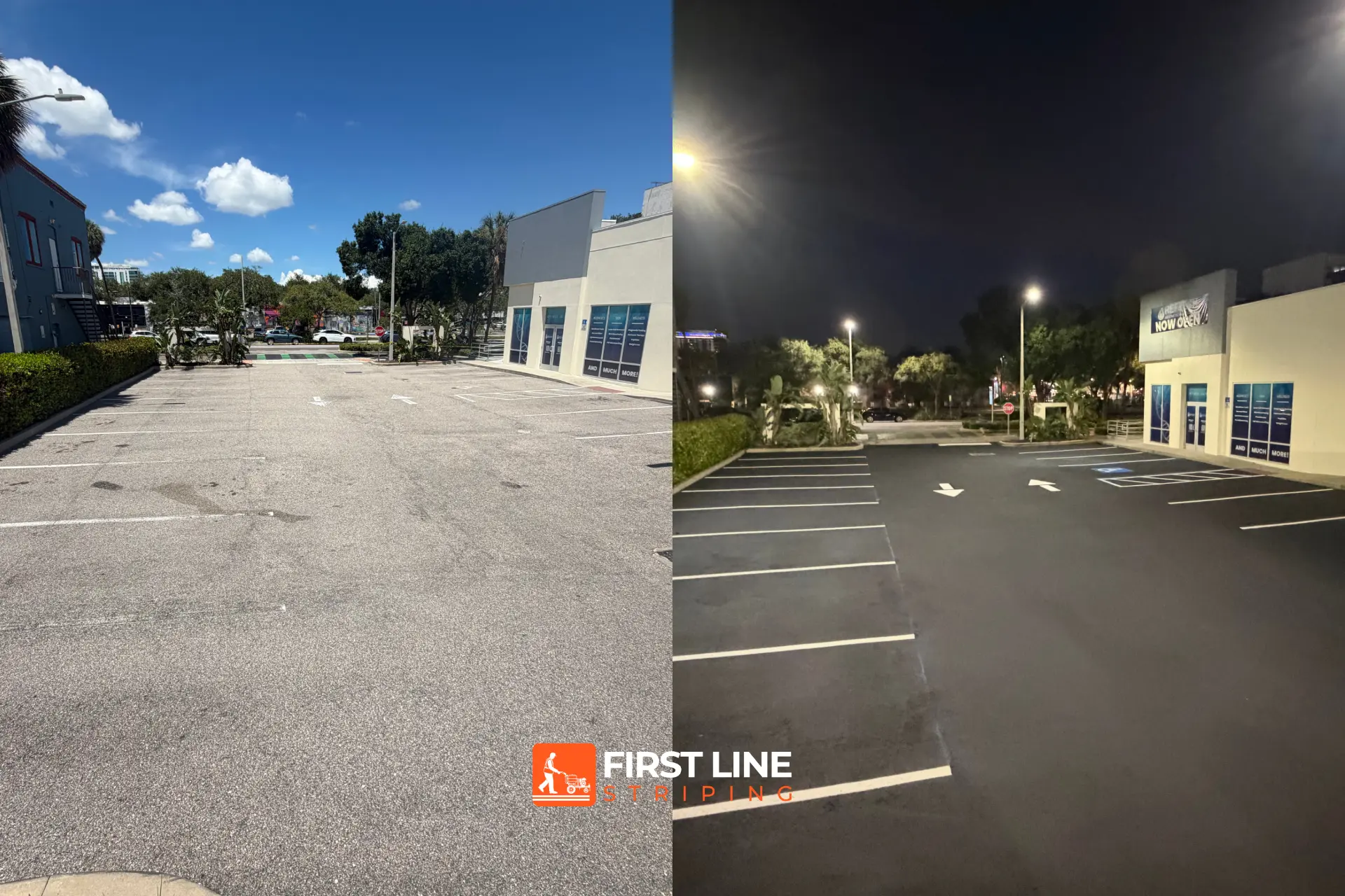 Before-and-after image showing parking lot striping, sealcoating, and asphalt maintenance for a gym in St. Petersburg, FL.