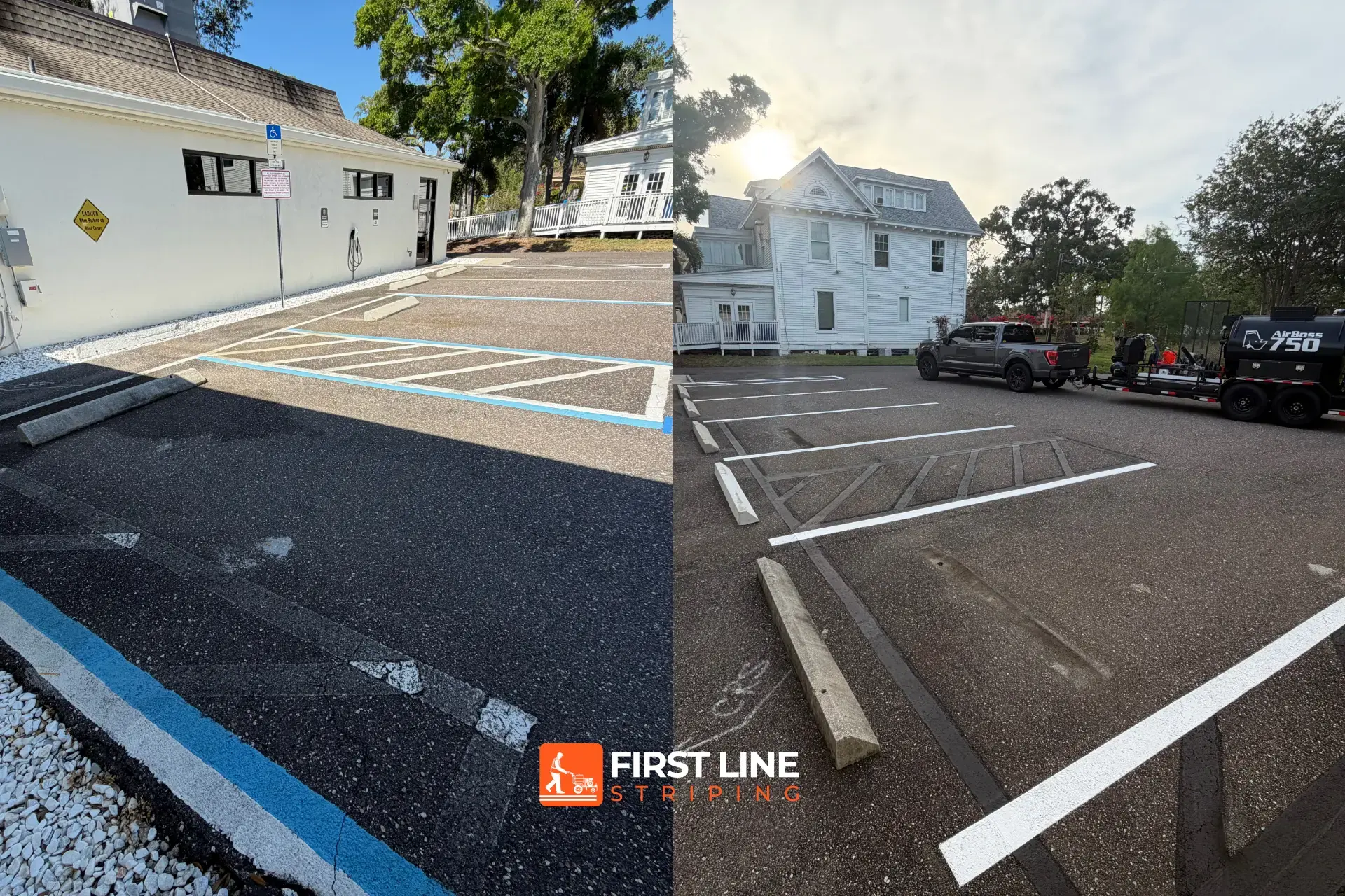 Before-and-after image showing a new parking lot layout with relocated ADA parking spaces and rear parking stalls at a commercial property in Tampa, FL.