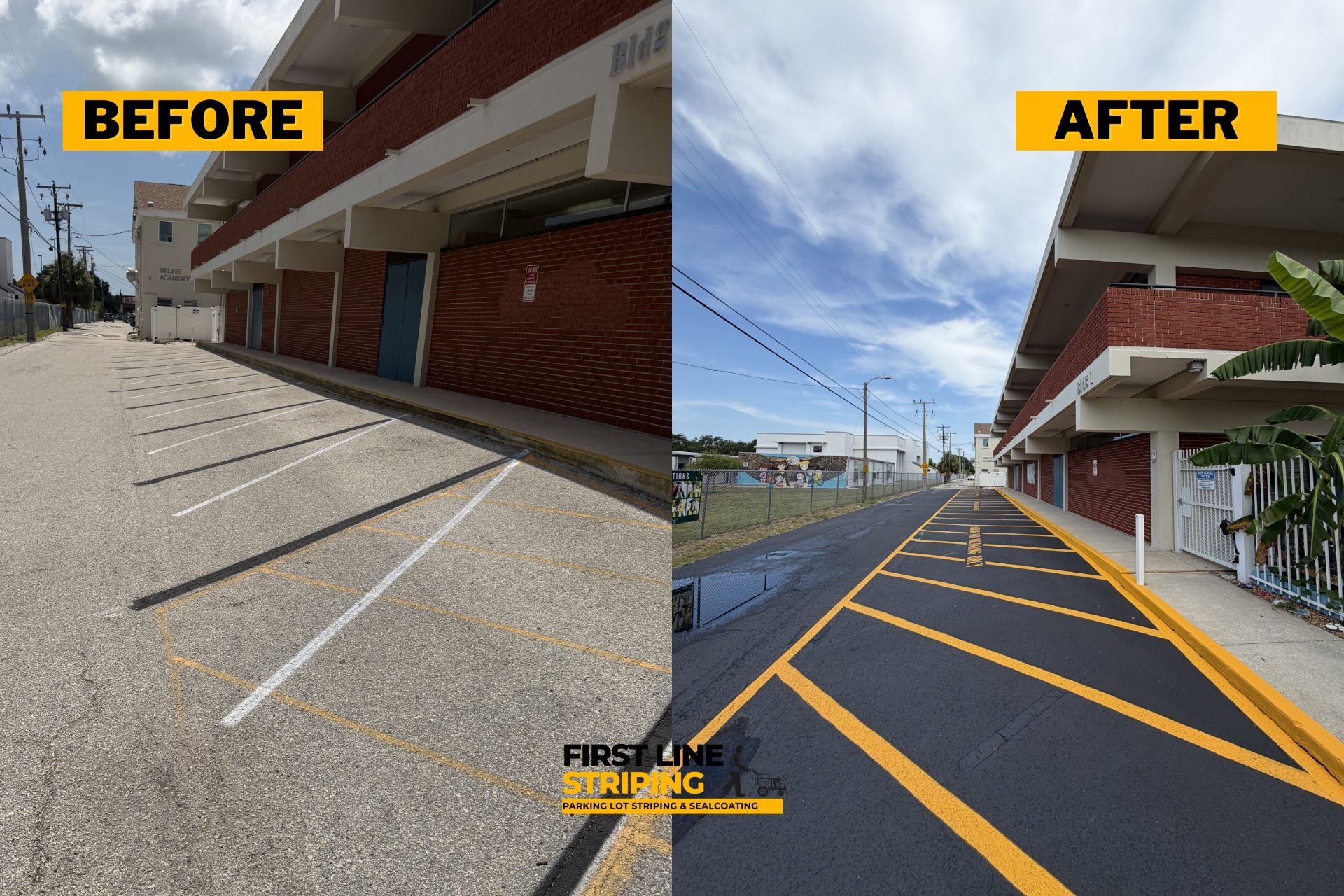 Before-and-after image showing parking lot restriping, sealcoating, access aisle painting, and custom stenciling at a school in Largo, FL.