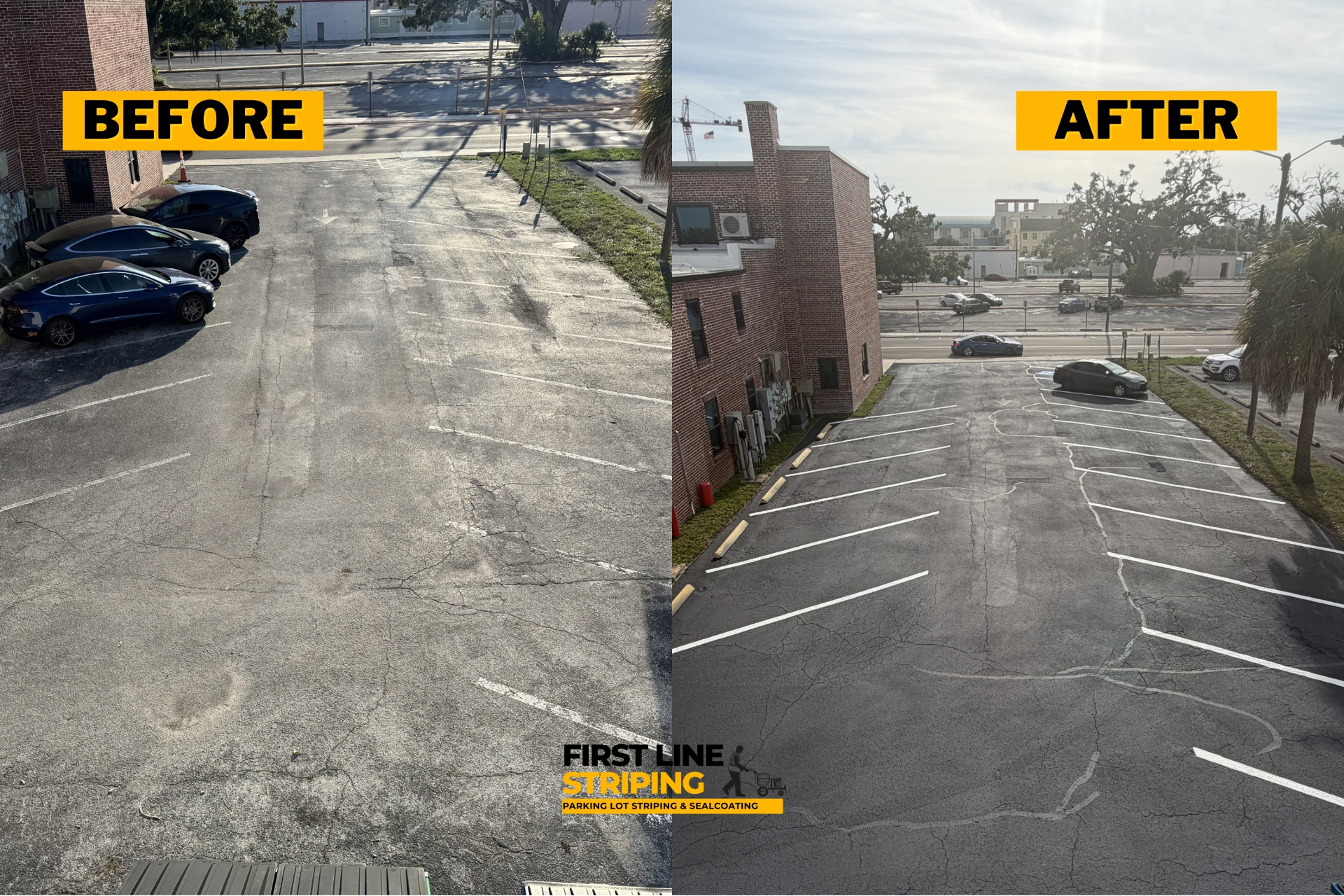 Before-and-after image showing parking lot restriping, sealcoating, crack filling, and pothole patching at a commercial property in Pinellas County, FL.