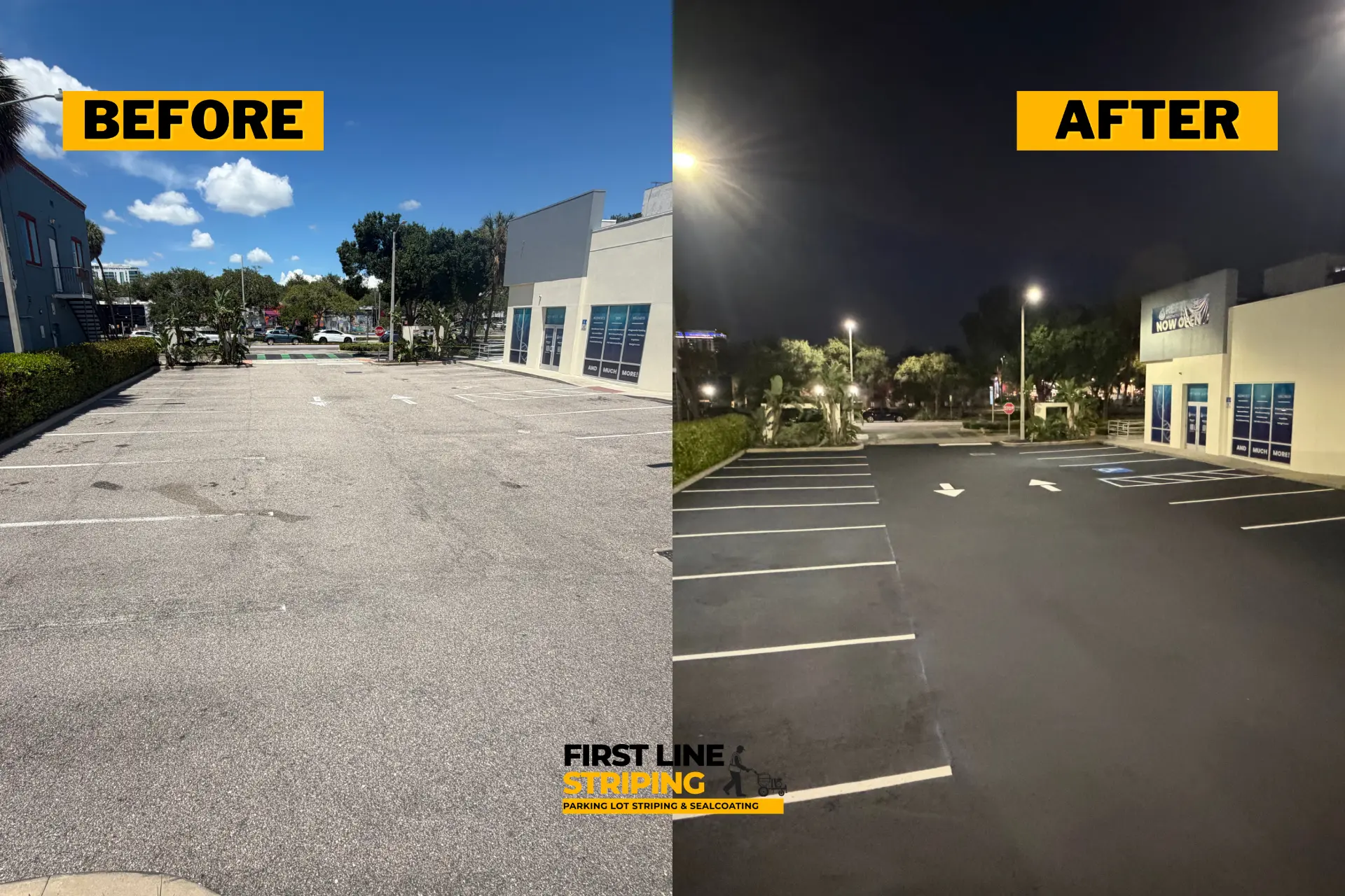 Before-and-after image showing parking lot striping, sealcoating, and asphalt maintenance for a gym in St. Petersburg, FL.