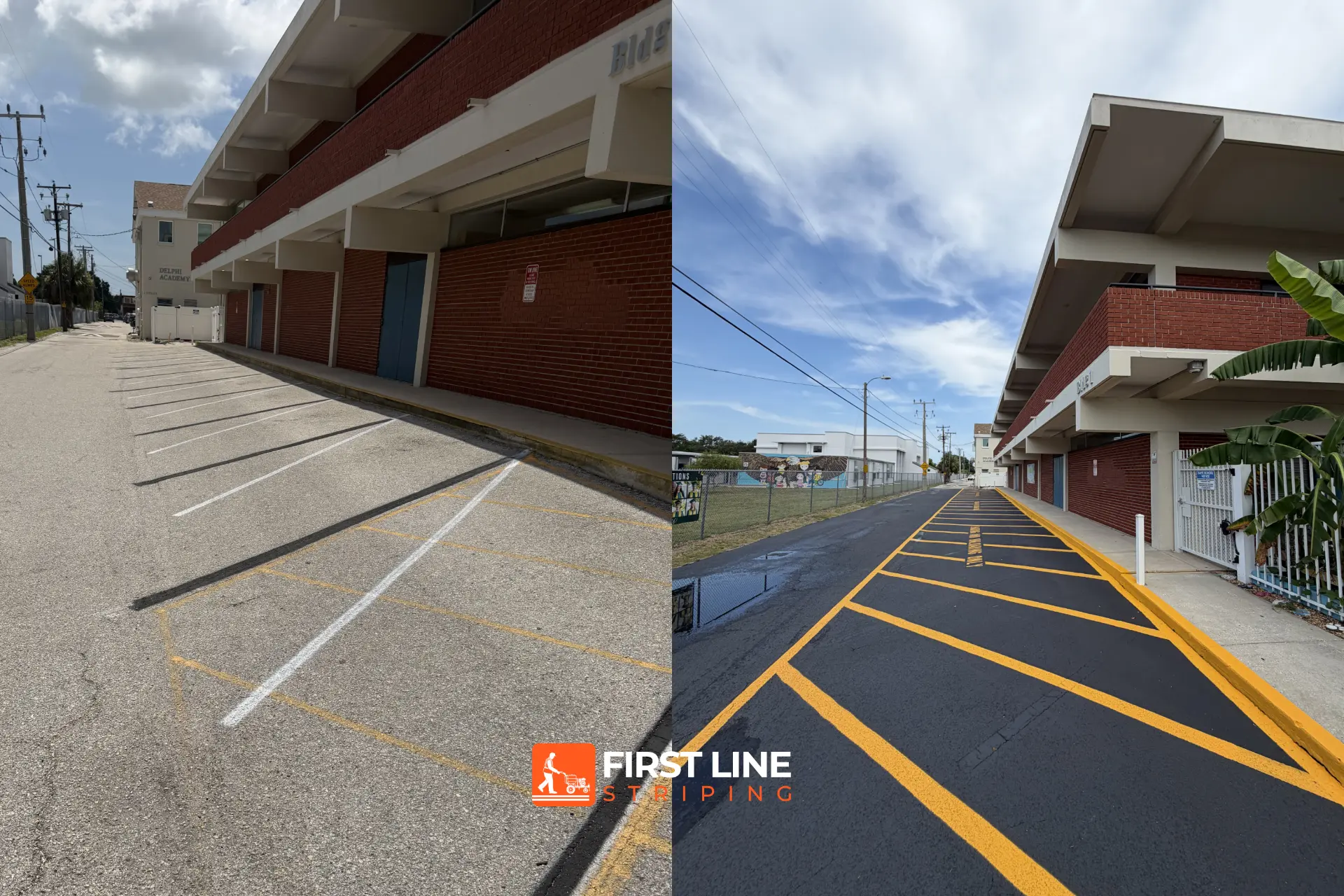 Before-and-after image showing parking lot striping, no parking zone painting, seal coating, and custom stenciling at a school in Clearwater, FL.