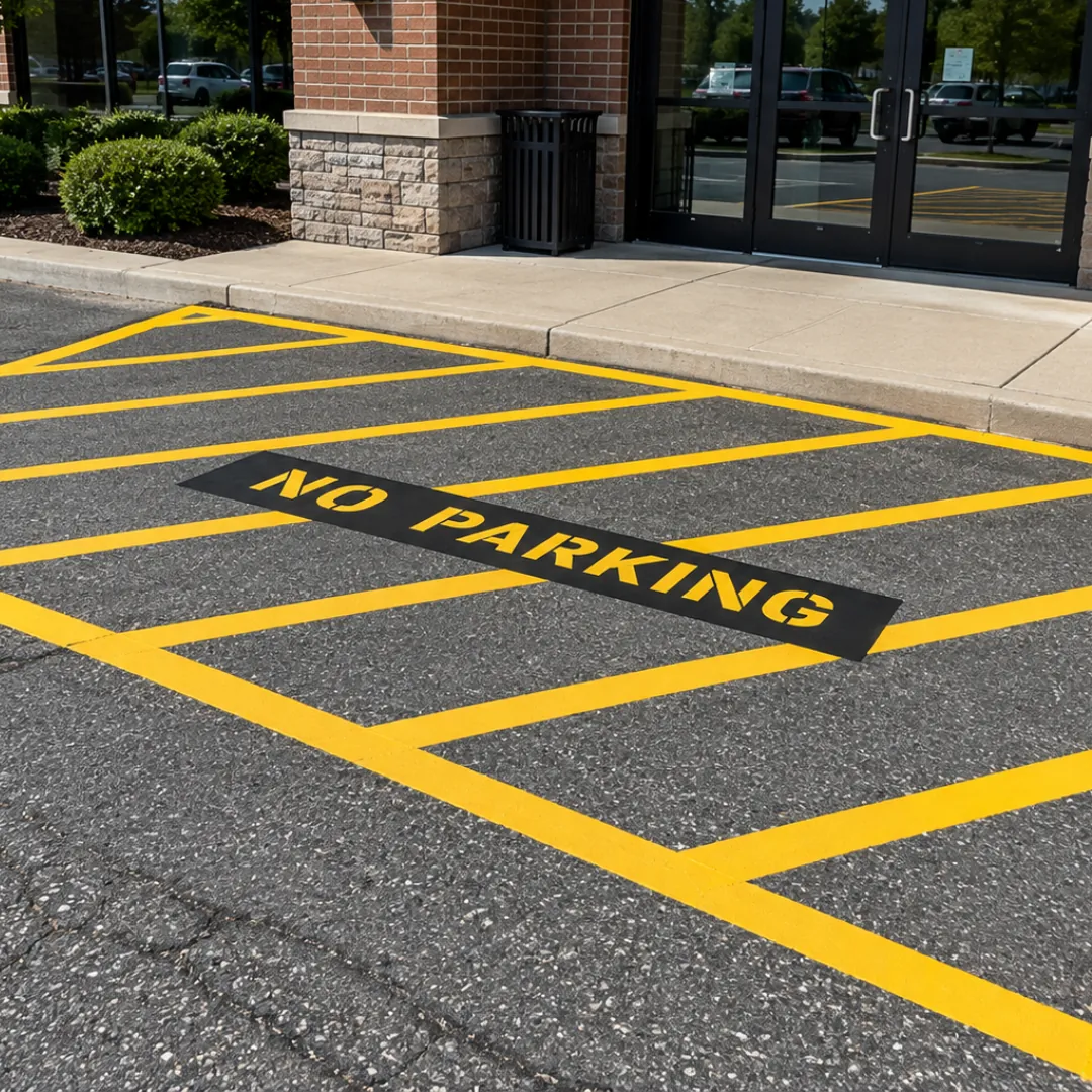 Yellow diagonal crosshatching with NO PARKING stenciling marking a restricted access zone at a commercial building entrance