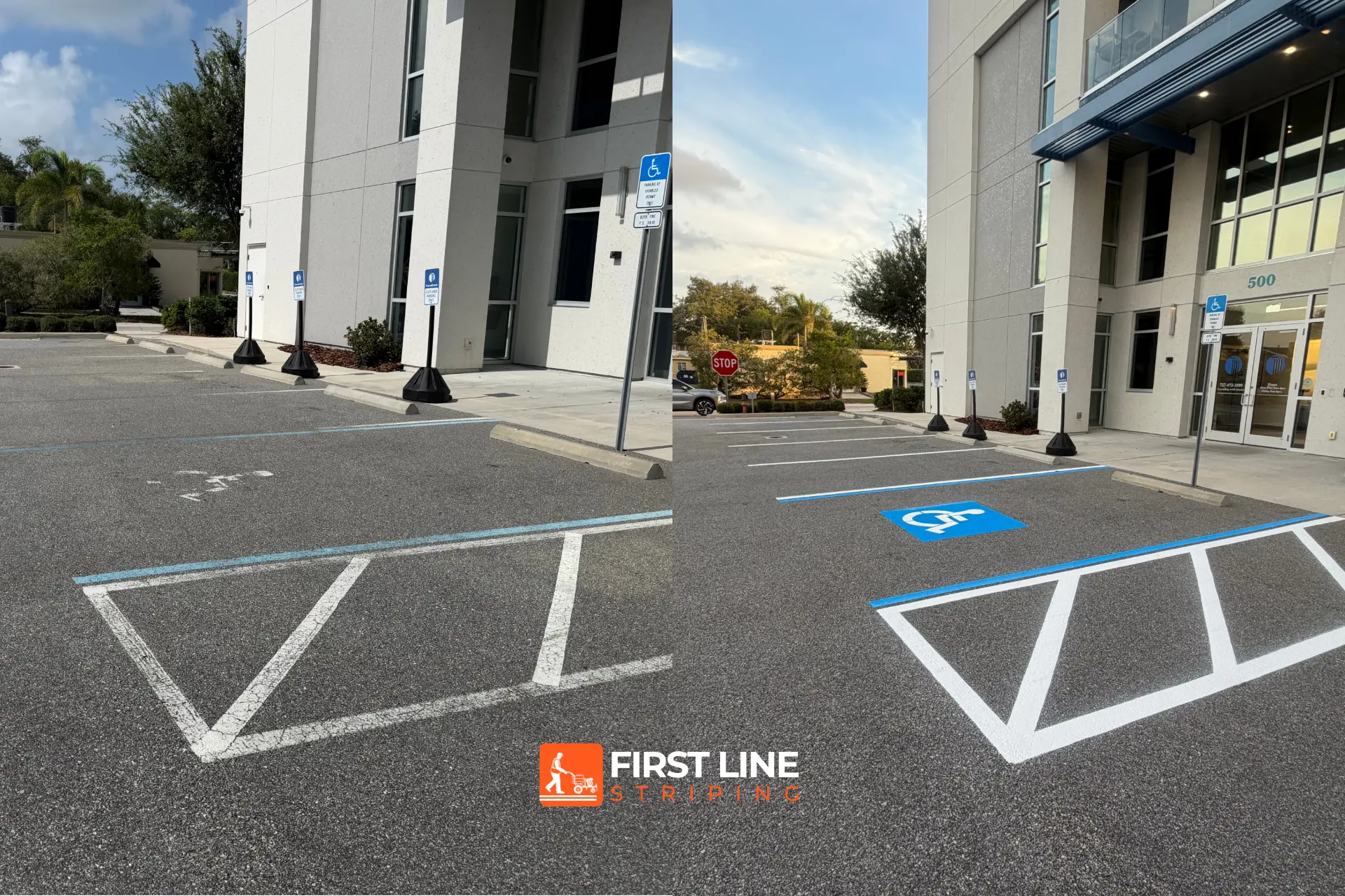 Before-and-after image showing parking lot striping and ADA markings for a bank in Pinellas County, FL.