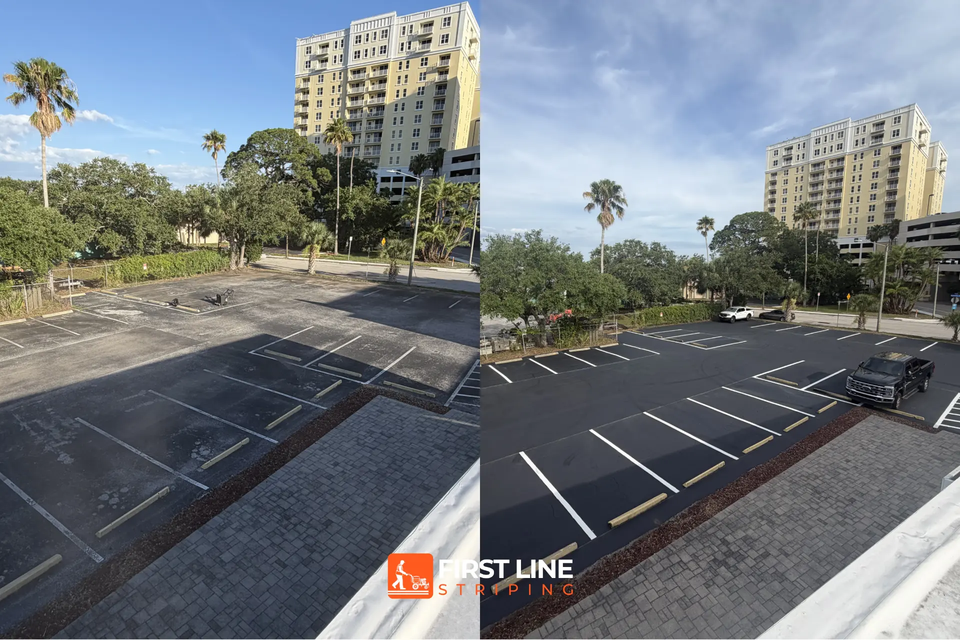 Before-and-after image showing parking lot restriping, sealcoating, crack filling, and pothole repair at a commercial property in Clearwater, FL.